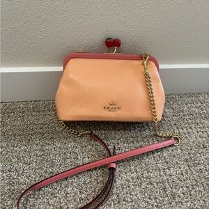 Coach Peach and Pink Strawberry Kiss Lock Crossbody Bag/ Flaws, please read